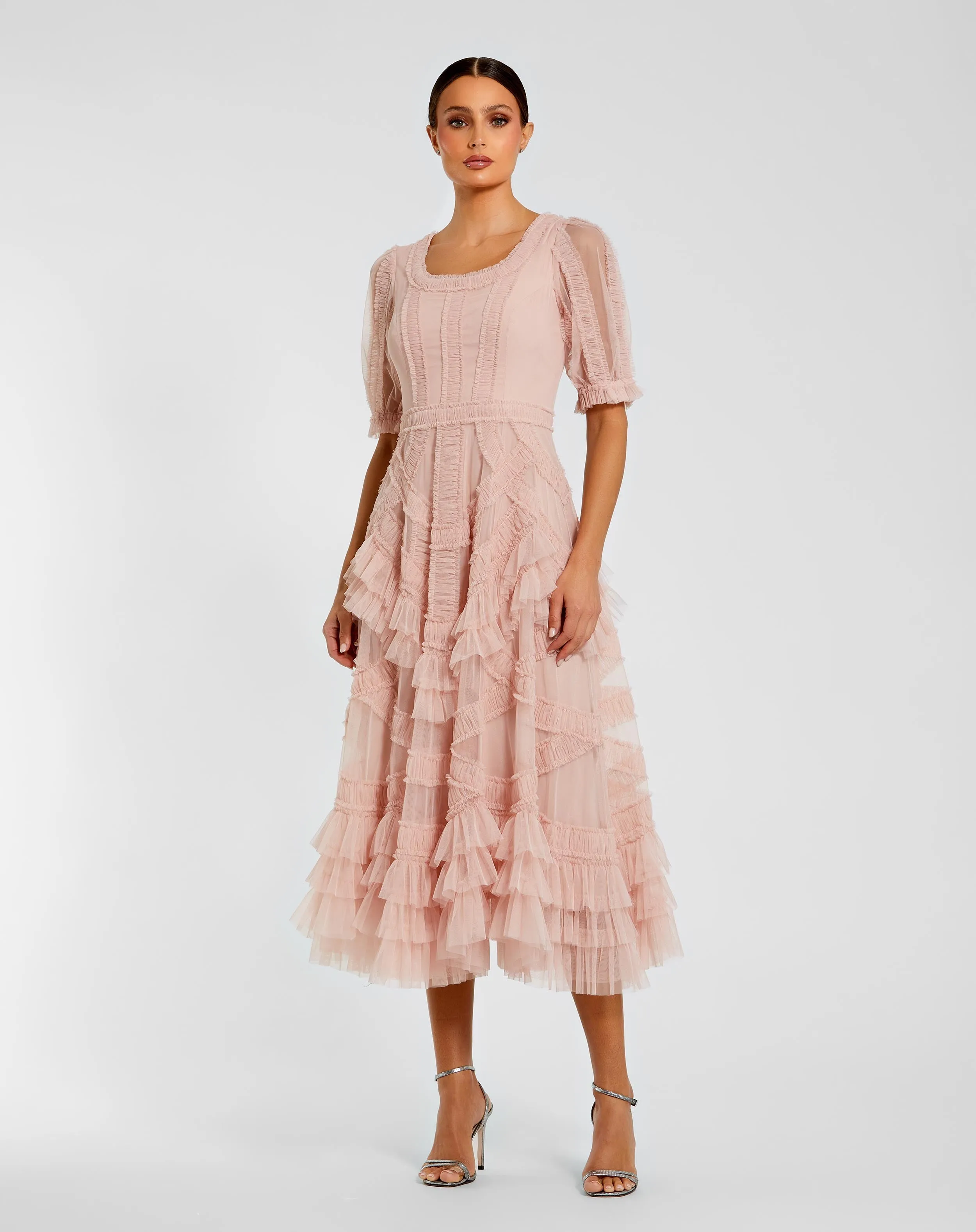 Pink Short Sleeve Micro Ruffle Midi Dress sold by Mac Duggal