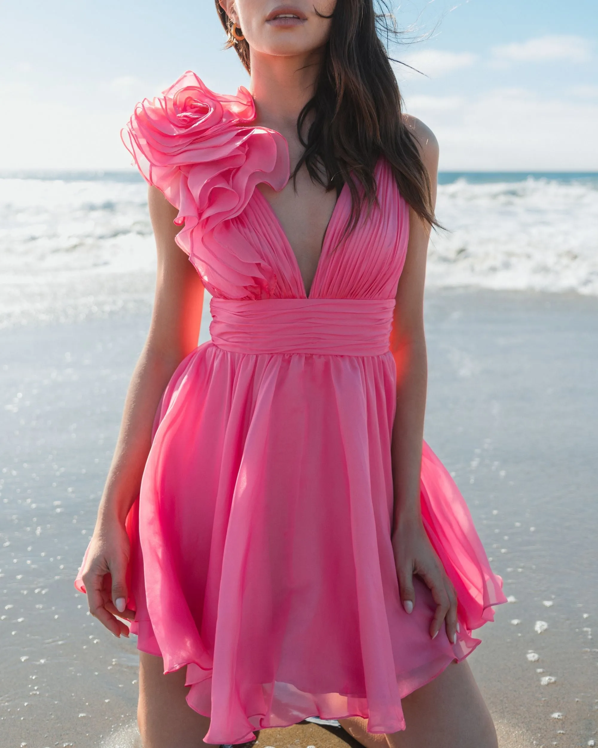 Pink Ruffle V Neck Fit & Flare Mini Dress sold by Mac Duggal product image thumbnail 5