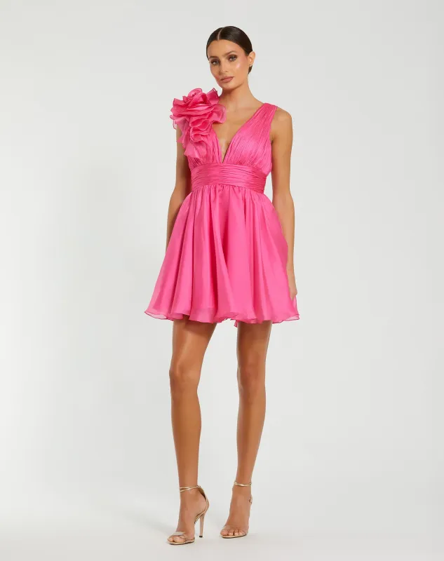 Pink Ruffle V Neck Fit & Flare Mini Dress sold by Mac Duggal