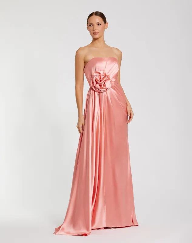 Pink Strapless Satin Gown With 3D Flower sold by Mac Duggal