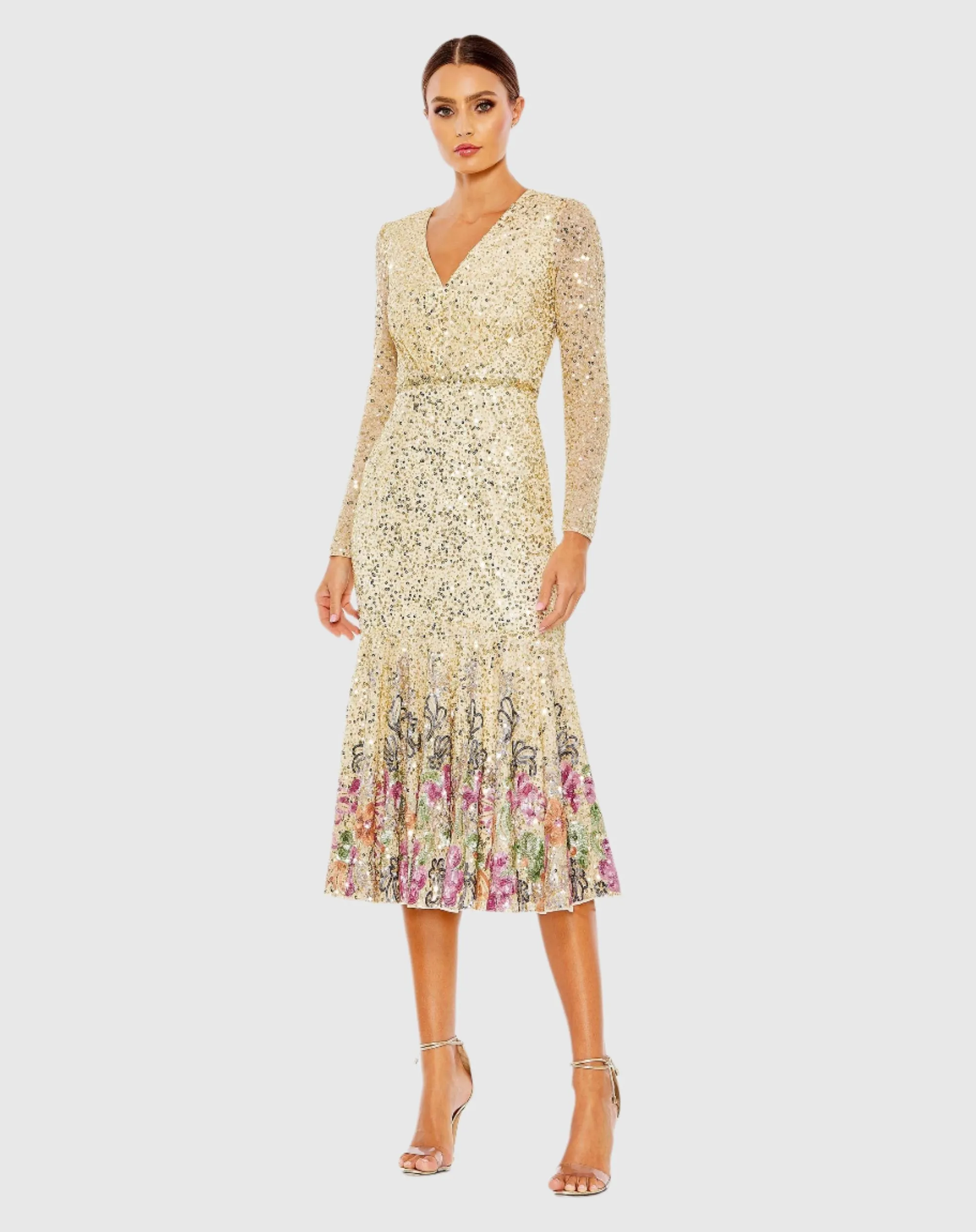 Long Sleeve Faux Wrap Embellished Tea Length Dress sold by Mac Duggal
