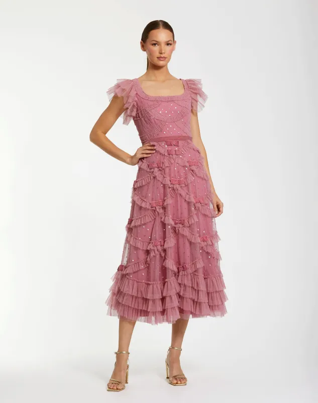 Pink Flutter Sleeve Sequin A Line Midi Dress sold by Mac Duggal