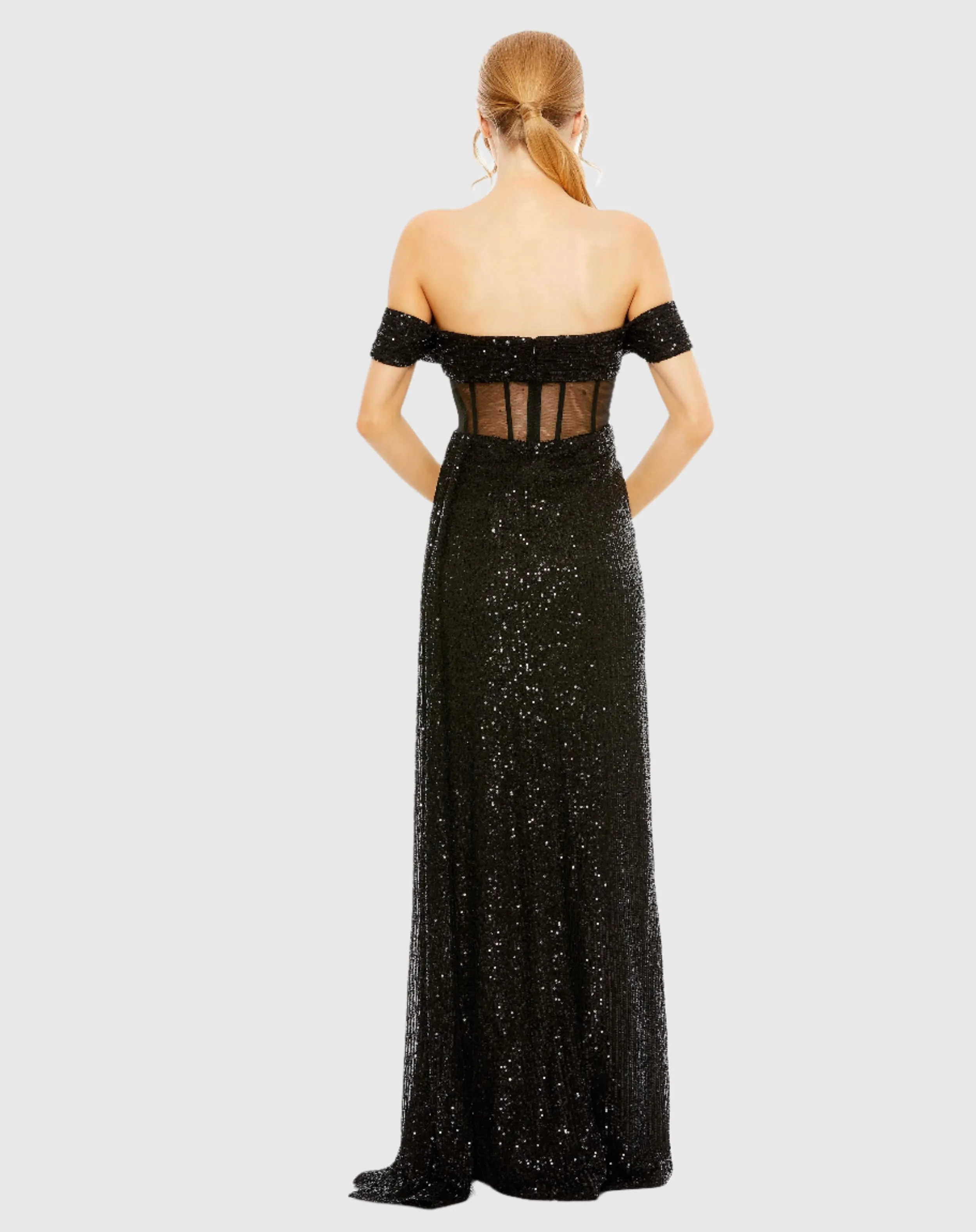 Black Off-the-Shoulder Sequined Corset Gown with Slit sold by Mac Duggal product image thumbnail 3
