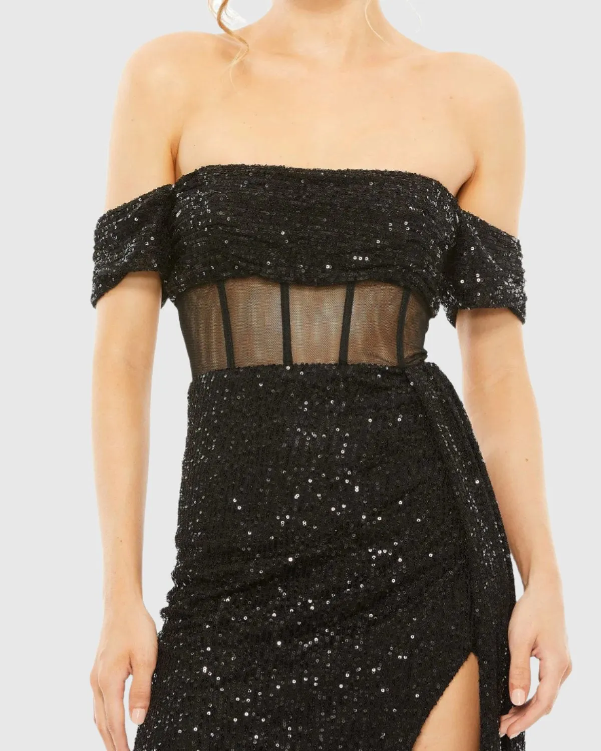 Black Off-the-Shoulder Sequined Corset Gown with Slit sold by Mac Duggal product image thumbnail 2