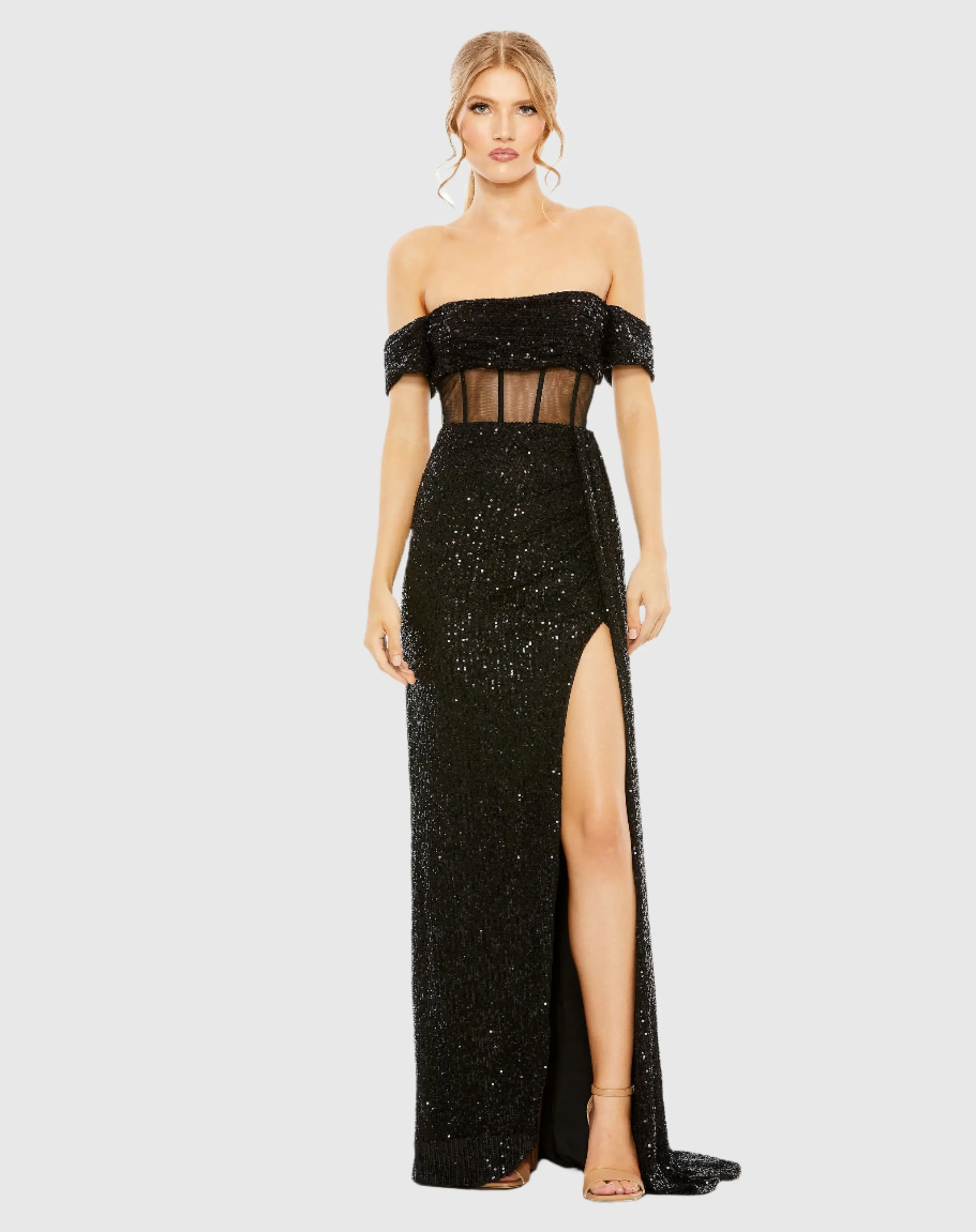 Black Off-the-Shoulder Sequined Corset Gown with Slit sold by Mac Duggal