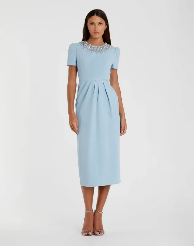 Blue Short Sleeve Rhinestone Neckline Midi Dress made by Mac Duggal