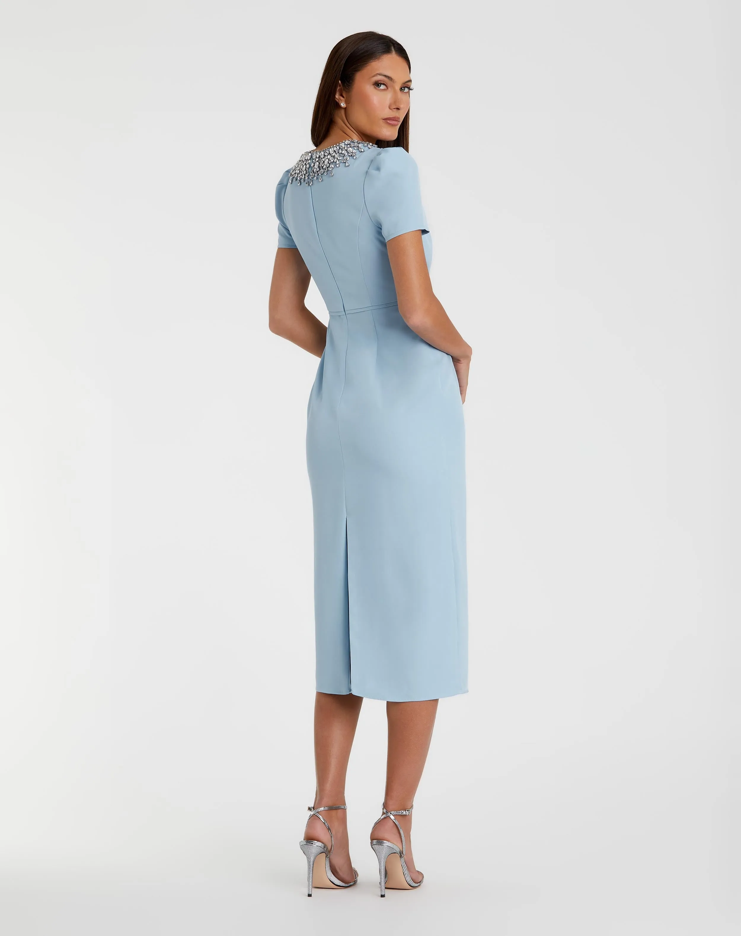 Blue Short Sleeve Rhinestone Neckline Midi Dress sold by Mac Duggal product image thumbnail 3