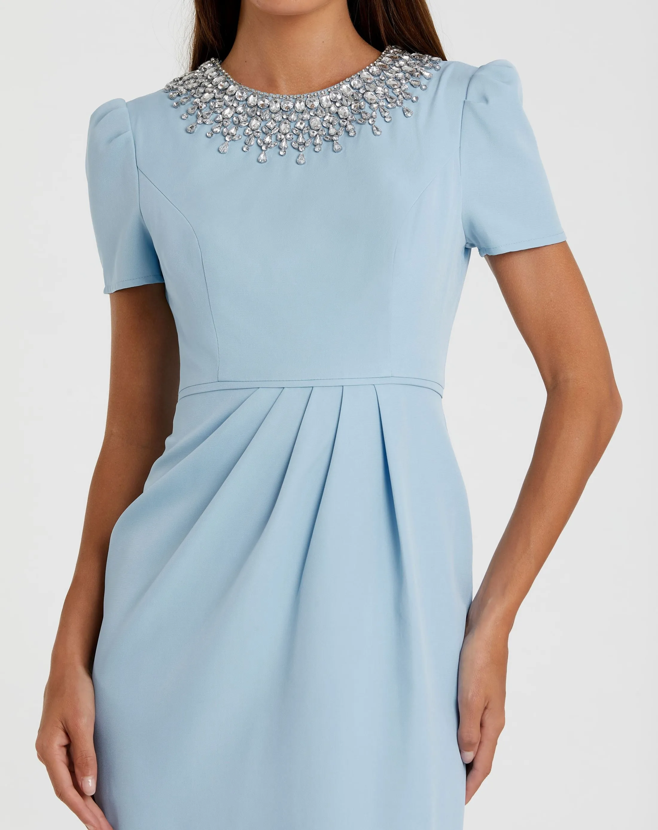 Blue Short Sleeve Rhinestone Neckline Midi Dress sold by Mac Duggal product image thumbnail 2