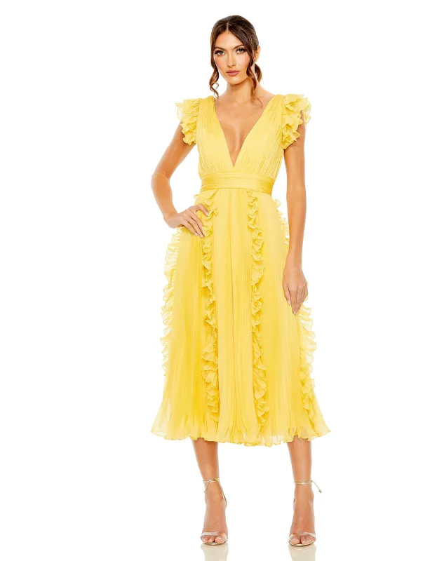Yellow Pleated Chiffon V Neck Ruffle Midi Dress sold by Mac Duggal
