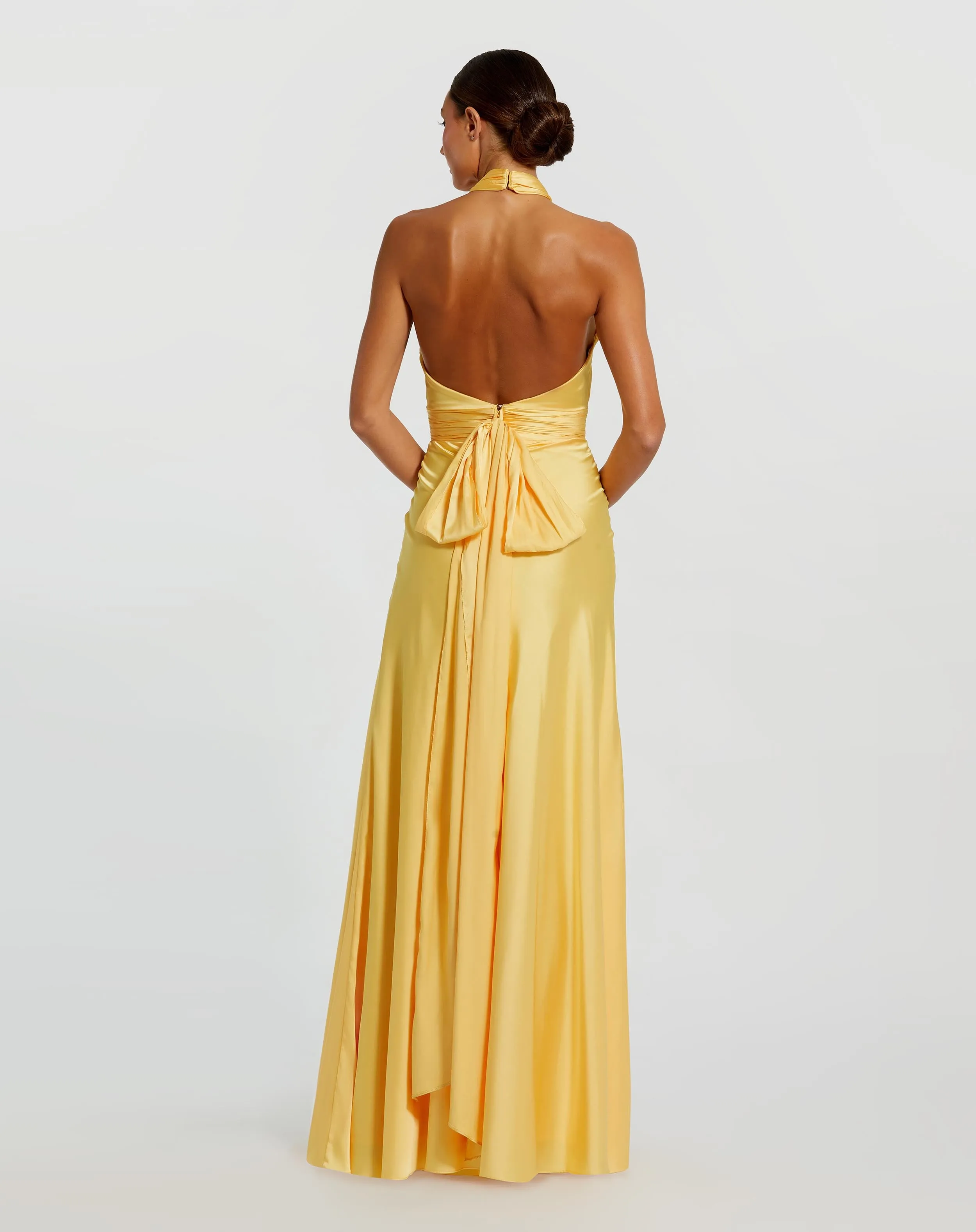 Yellow Ruched Halter Neck Tie Back Satin Gown sold by Mac Duggal product image thumbnail 3