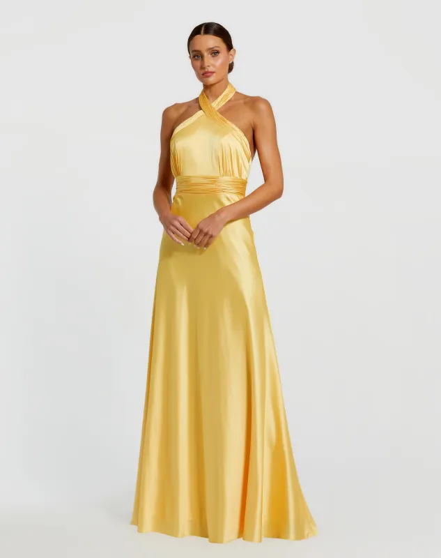 Yellow Ruched Halter Neck Tie Back Satin Gown sold by Mac Duggal