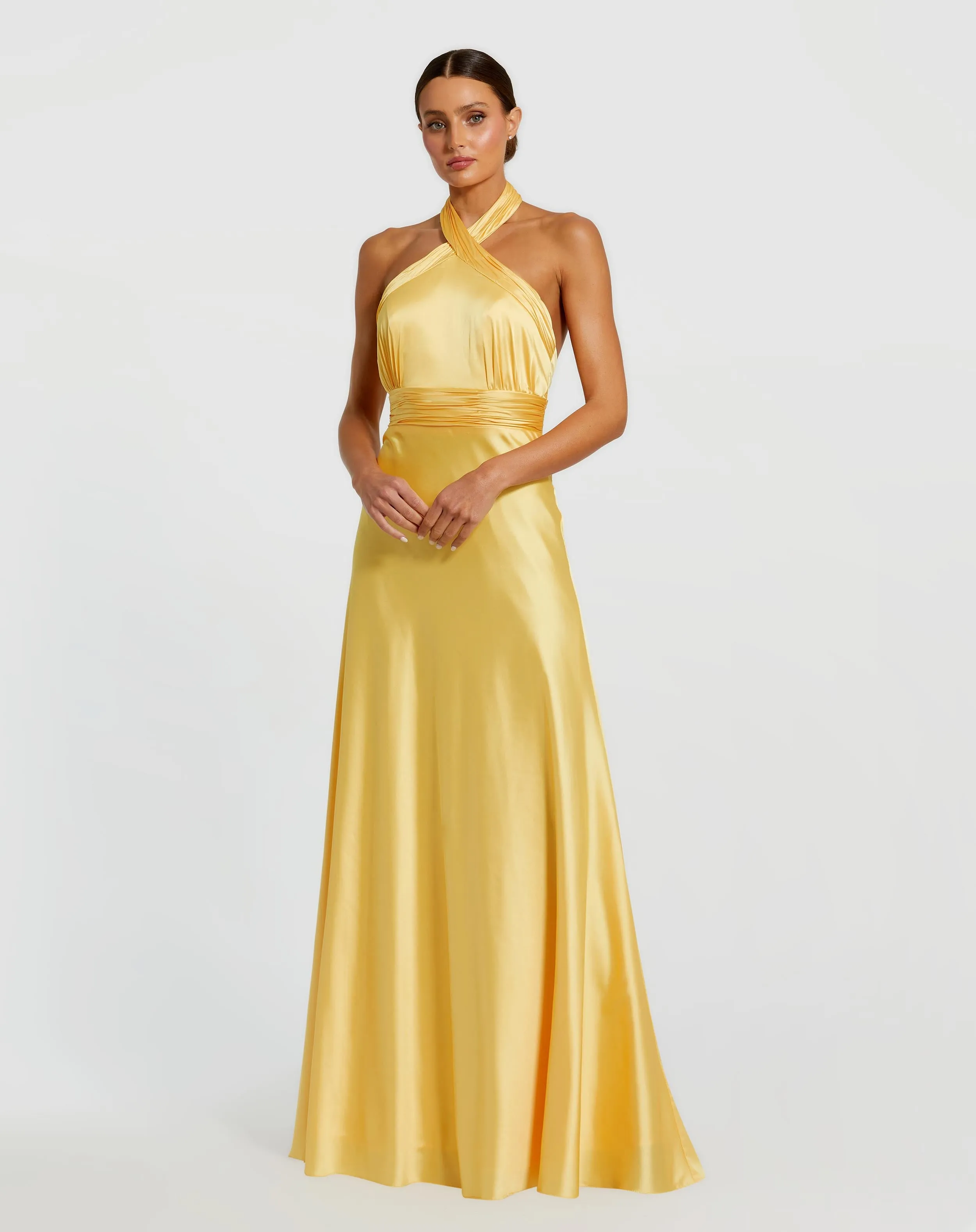 Yellow Ruched Halter Neck Tie Back Satin Gown sold by Mac Duggal