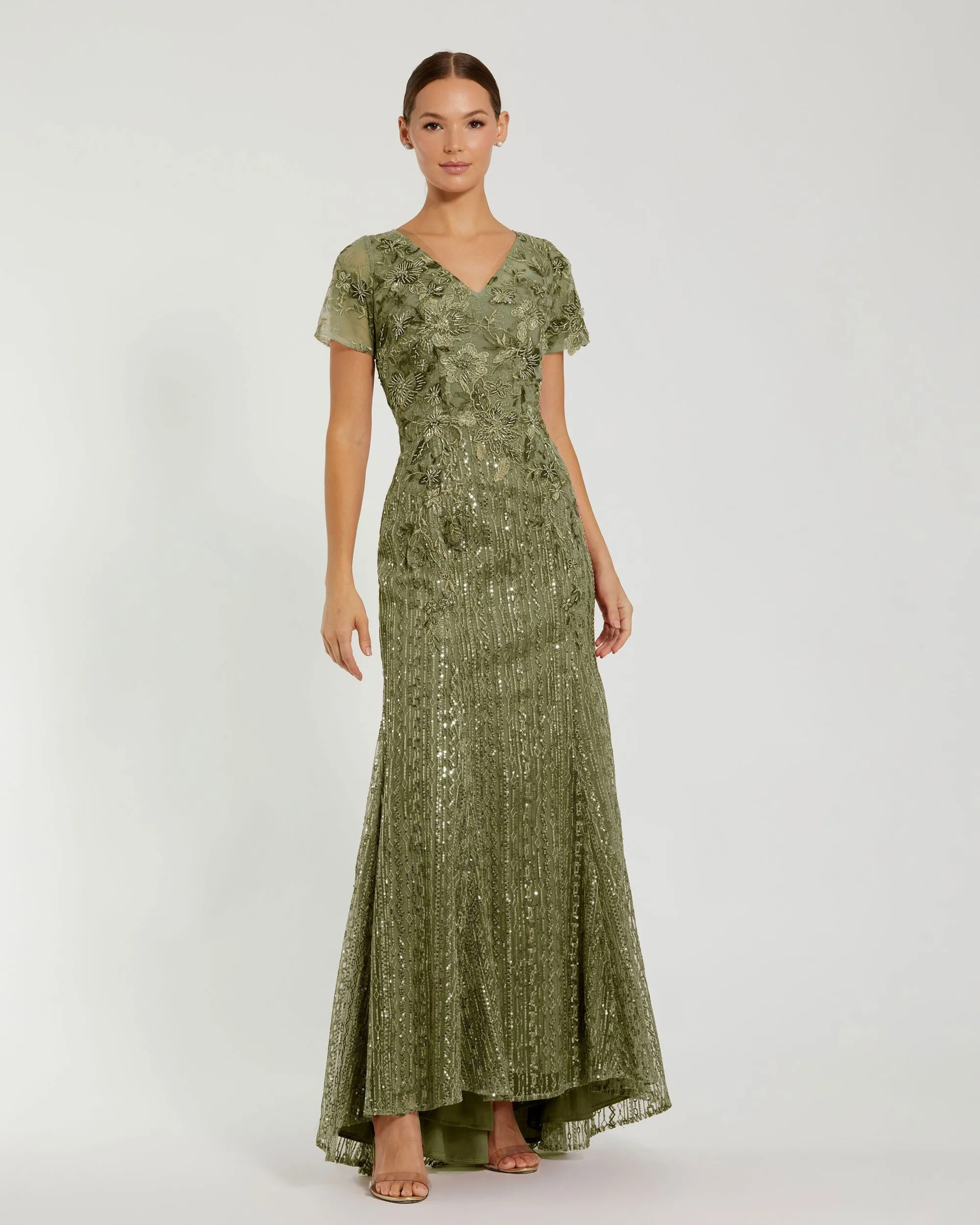 Green Embellished V Neck Cap Sleeve Trumpet Gown sold by Mac Duggal