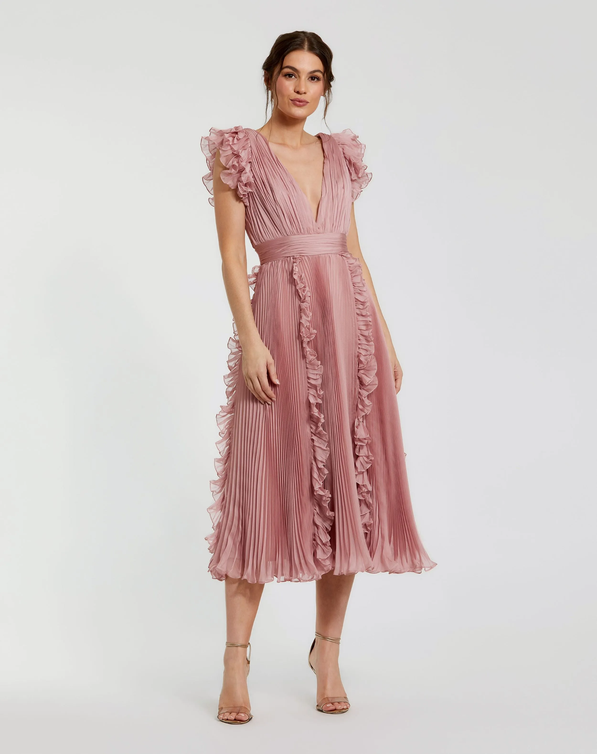 Pleated Chiffon V Neck Ruffle Midi Dress sold by Mac Duggal