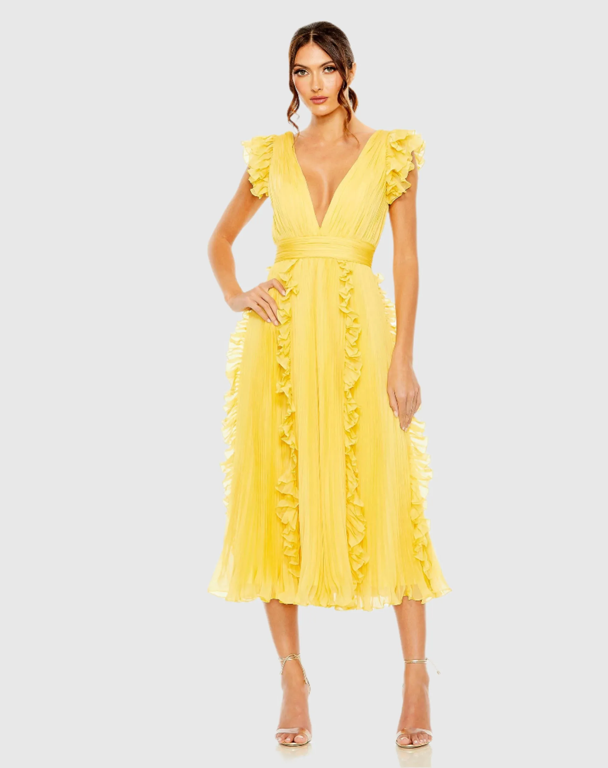 Pleated Chiffon V Neck Ruffle Midi Dress sold by Mac Duggal product image thumbnail 2