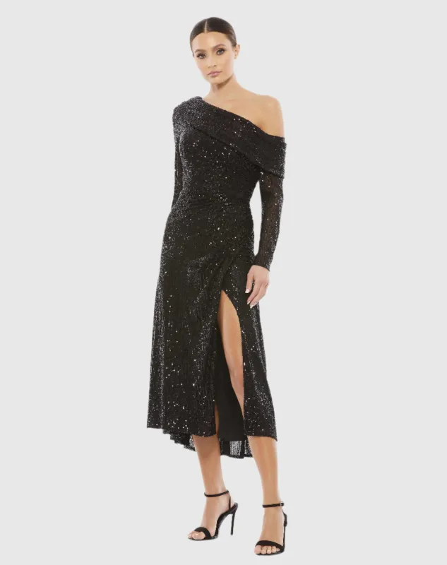 One Shoulder Sequin Long Sleeve Midi Dress sold by Mac Duggal