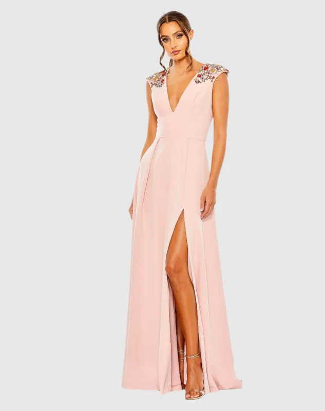 Pink Beaded Cap Sleeve V Neck A Line Gown made by Mac Duggal