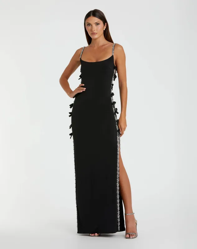 Black Thin Strap Jersey Gown With Bow Details sold by Mac Duggal