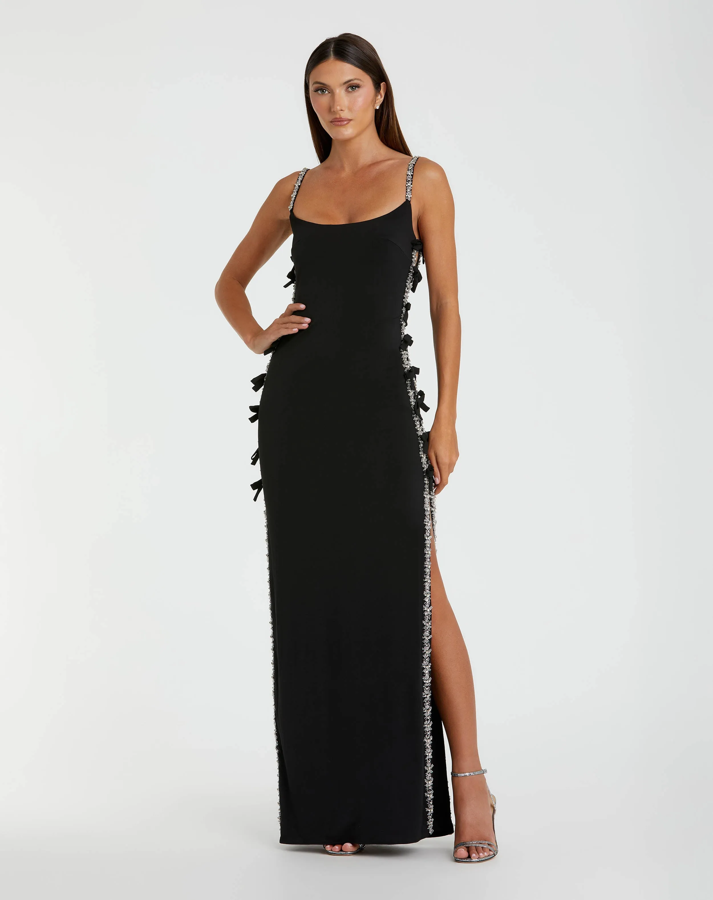 Black Thin Strap Jersey Gown With Bow Details sold by Mac Duggal
