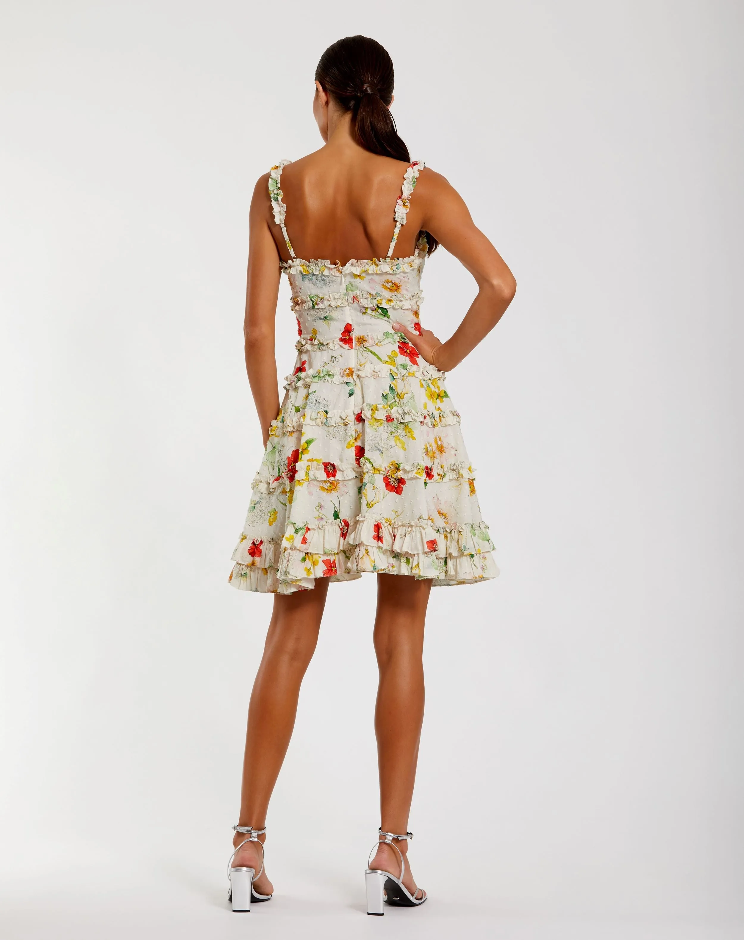 Ivory Floral Square Neck Ruffle Mini Dress sold by Mac Duggal product image thumbnail 3
