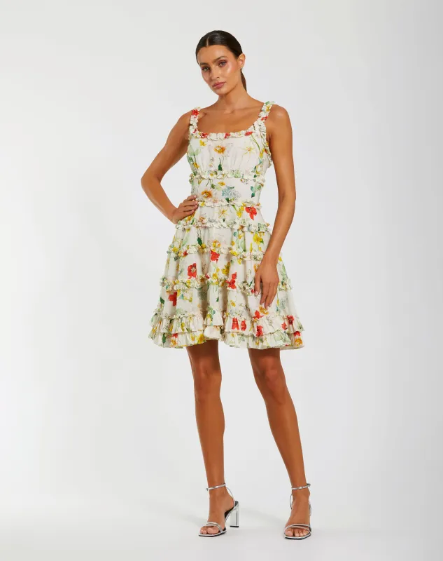 Ivory Floral Square Neck Ruffle Mini Dress sold by Mac Duggal