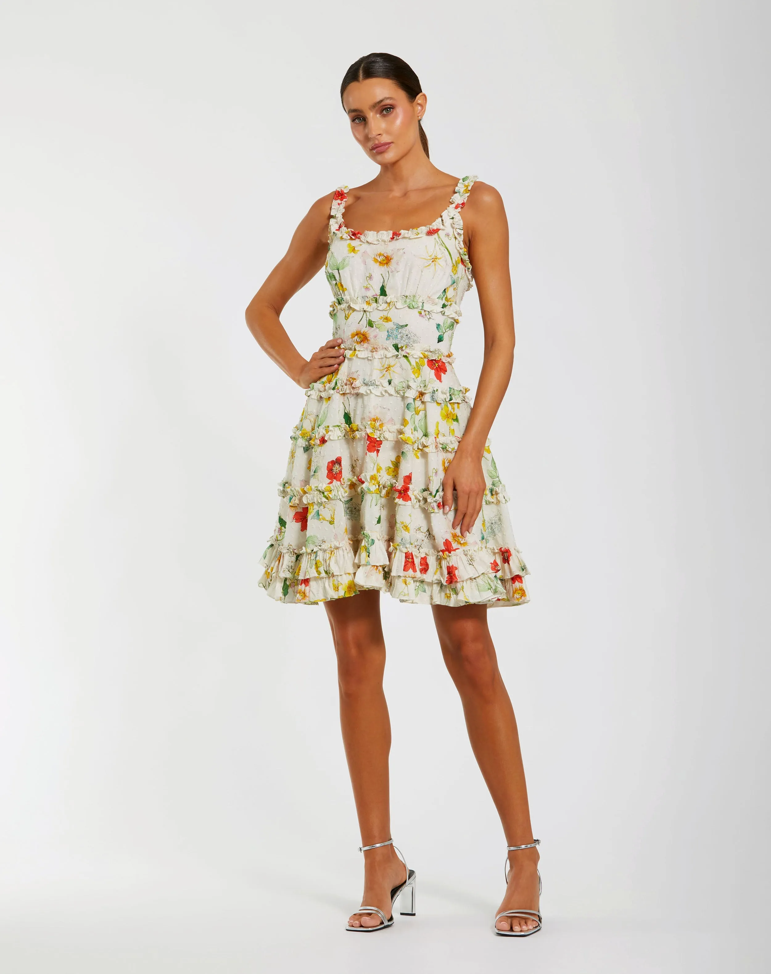 Ivory Floral Square Neck Ruffle Mini Dress sold by Mac Duggal