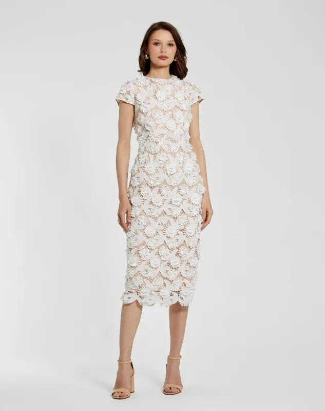 White and Beige Floral Lace Fitted Short Sleeve Midi Dress sold by Mac Duggal