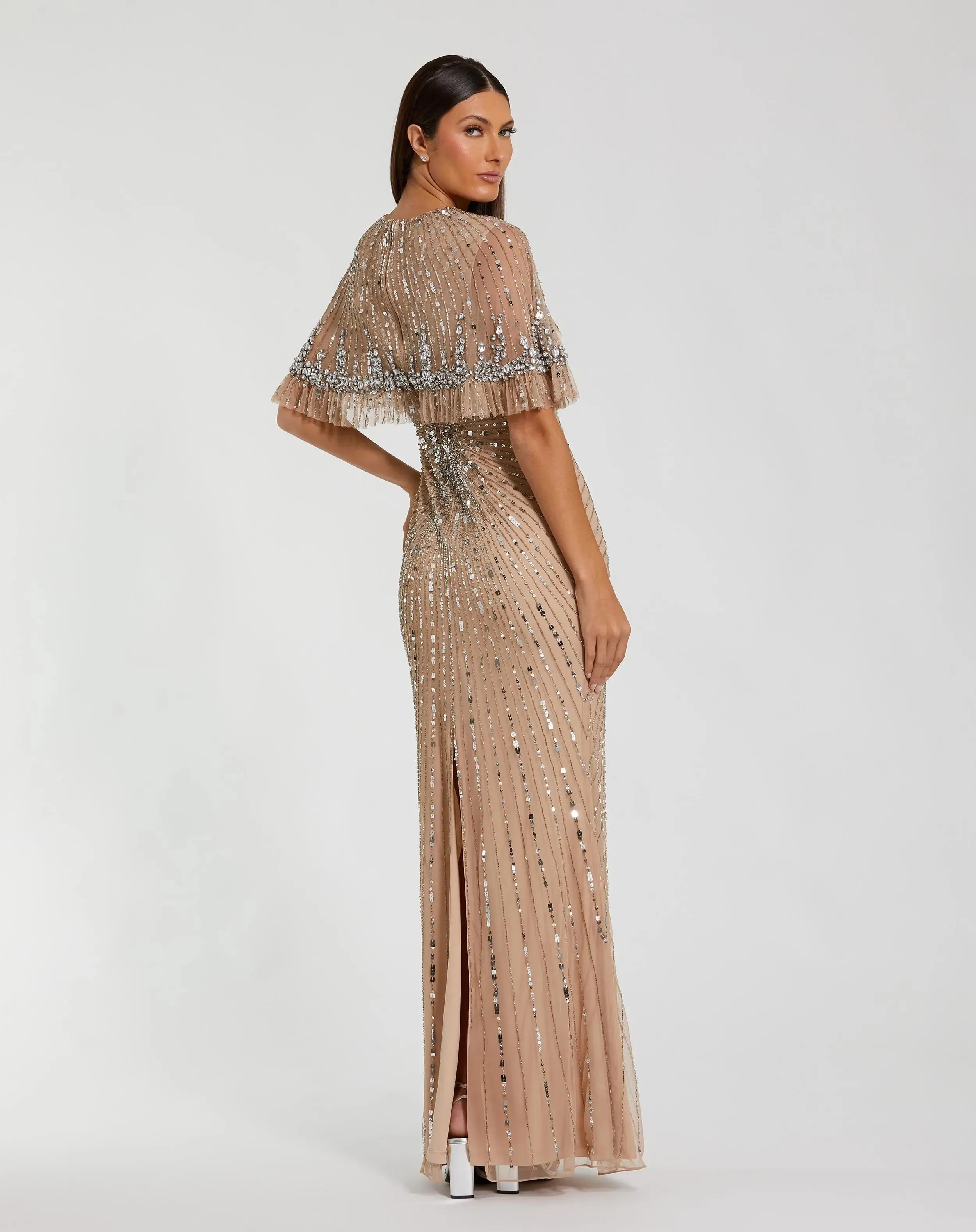 Beige Embellished Mesh Fitted Gown With Capelet sold by Mac Duggal product image thumbnail 3