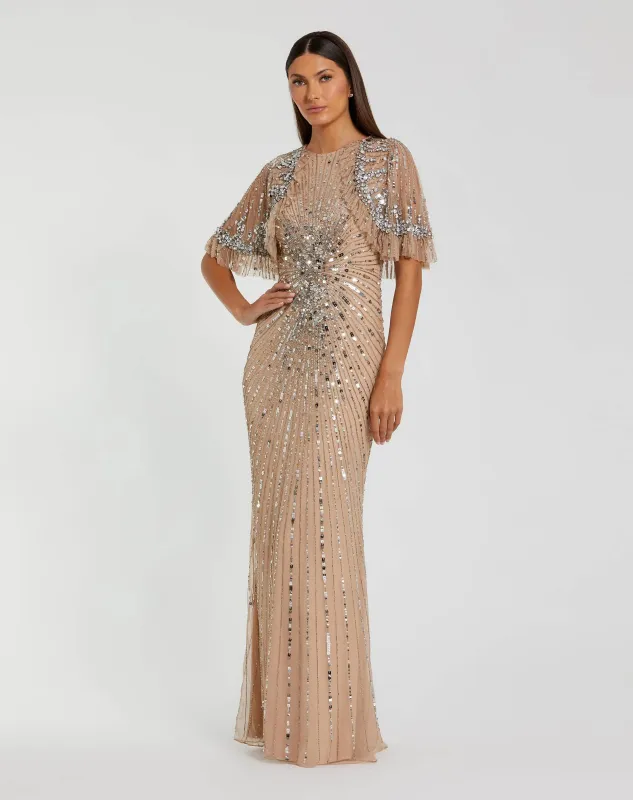 Beige Embellished Mesh Fitted Gown With Capelet sold by Mac Duggal