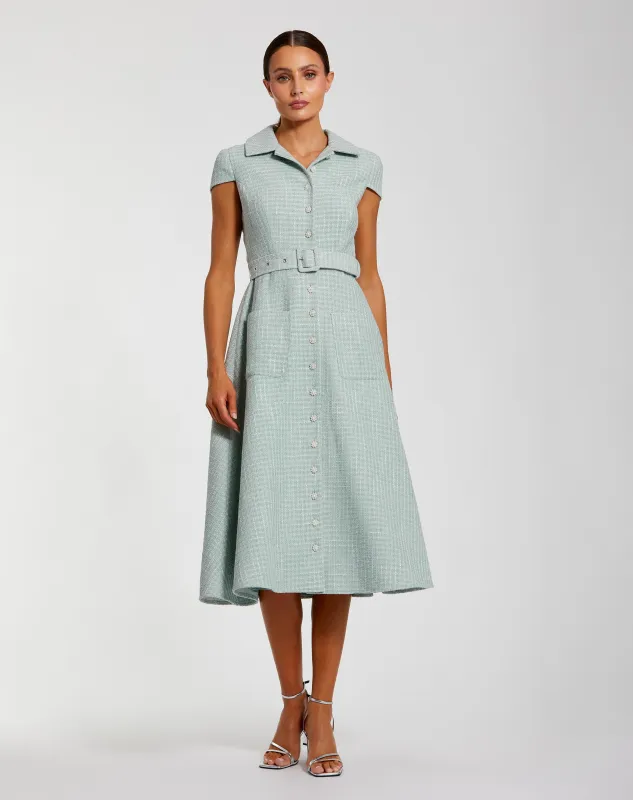 Light Blue Boucle Cap Sleeve Button Up Midi Dress sold by Mac Duggal