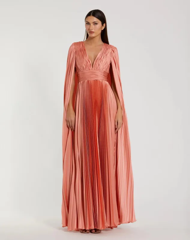 Pink Pleated Charmeuse V Neck Gown With Cape sold by Mac Duggal