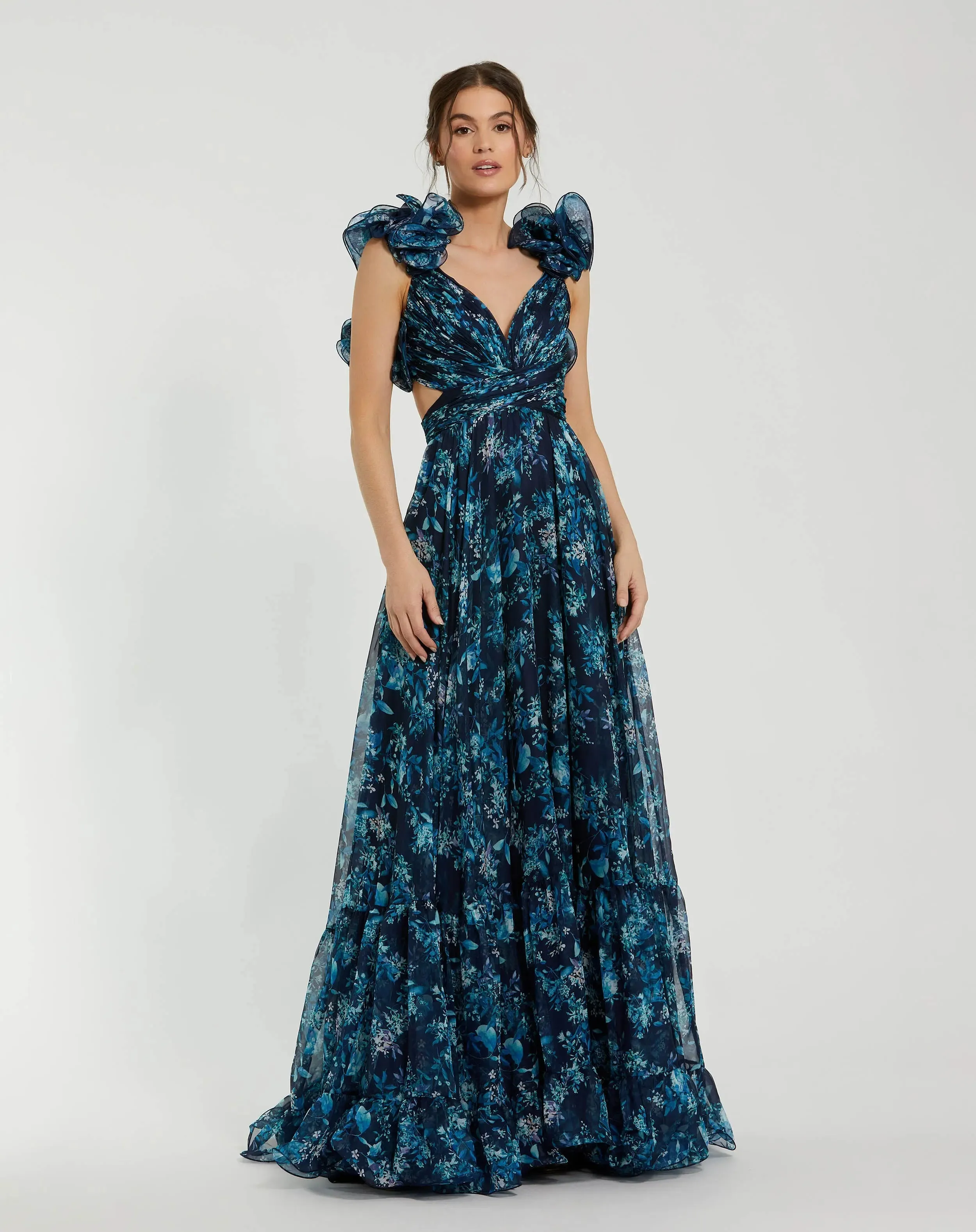Navy Tiered Floral Cut-Out Chiffon Gown sold by Mac Duggal