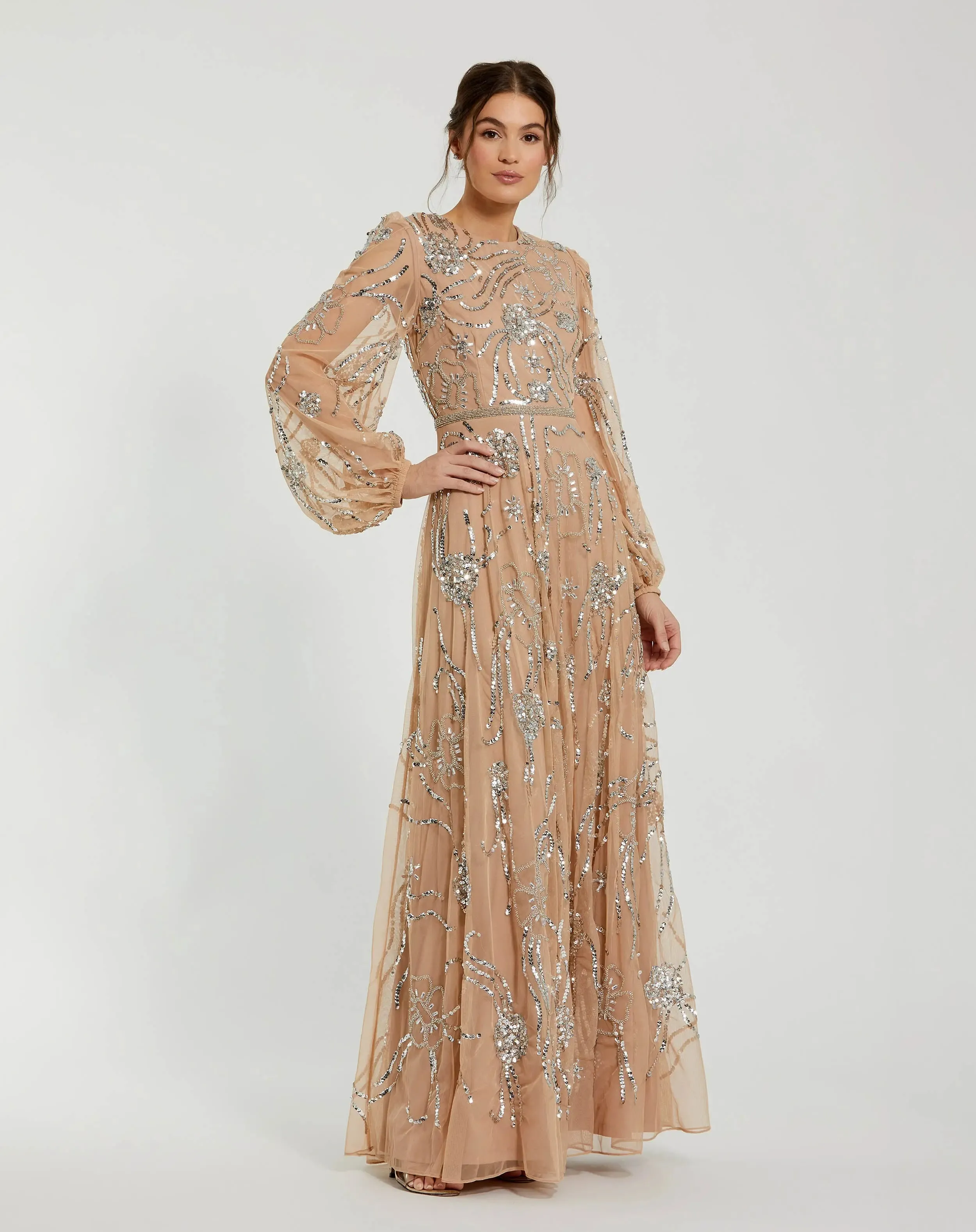 Beige Embellished High Neck Puff Sleeve Gown sold by Mac Duggal