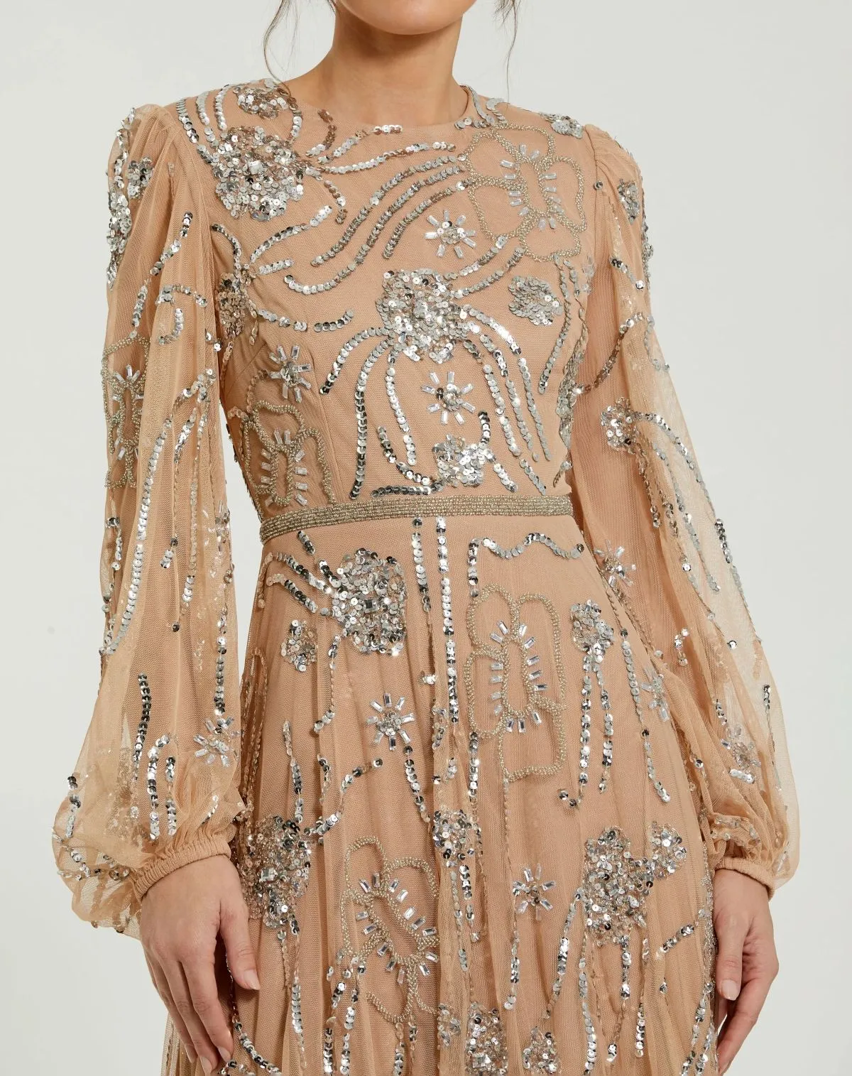 Beige Embellished High Neck Puff Sleeve Gown sold by Mac Duggal product image thumbnail 2