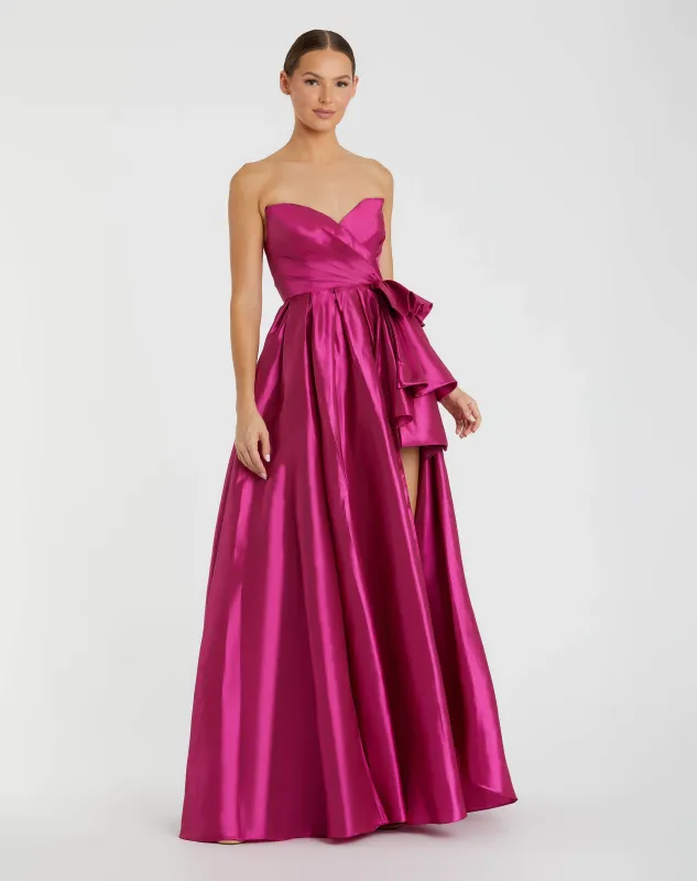 Pink Strapless Taffeta Gown with Ruffles and Slit sold by Mac Duggal