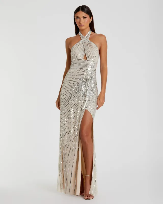 Silver Sequin Halter Keyhole Column Gown sold by Mac Duggal