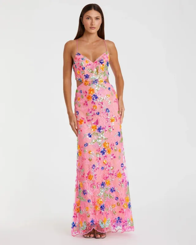 Pink Embellished Lace Strappy Column Gown sold by Mac Duggal