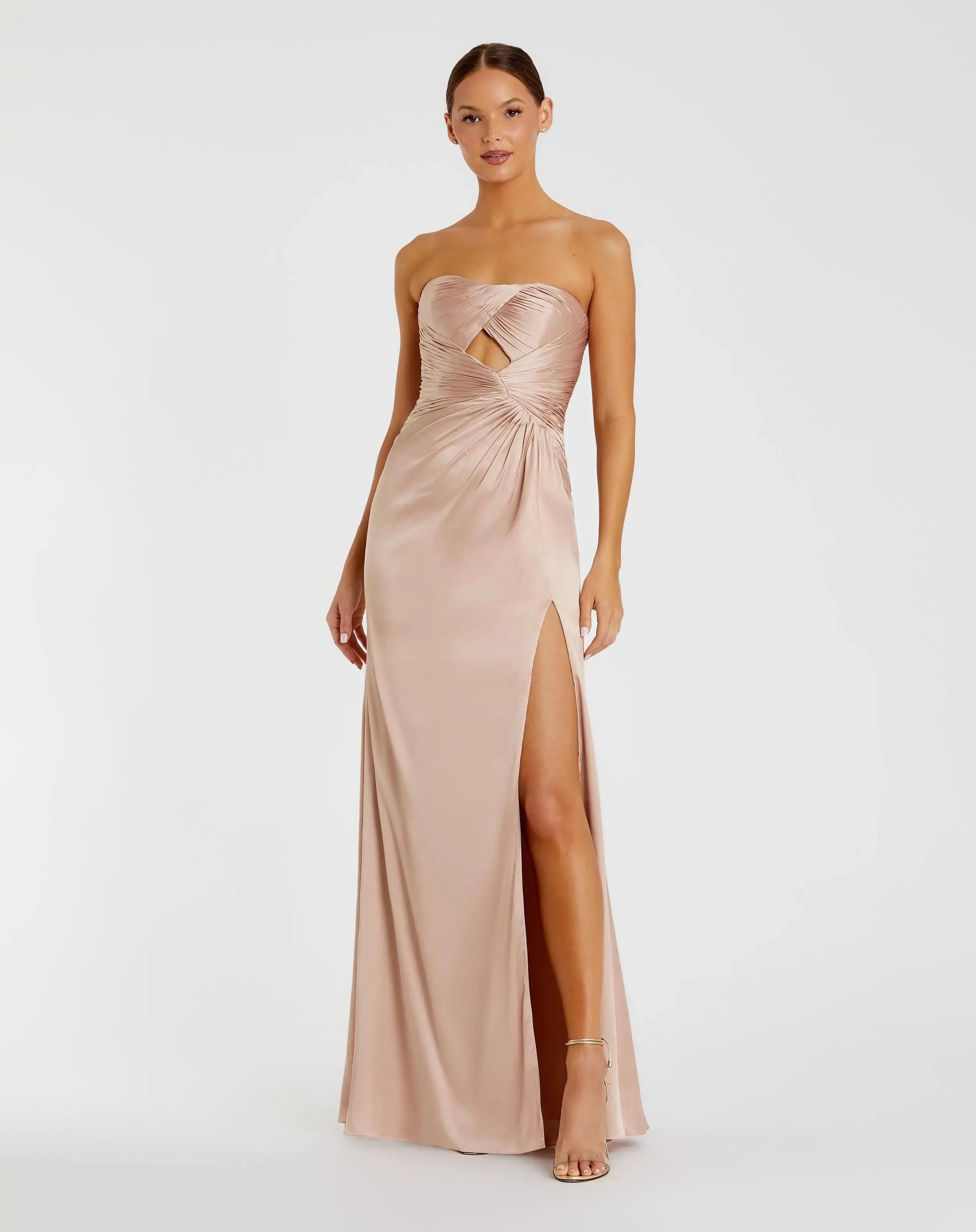 Pink Strapless Charmeuse Wrap Gown With Cutout Detail sold by Mac Duggal