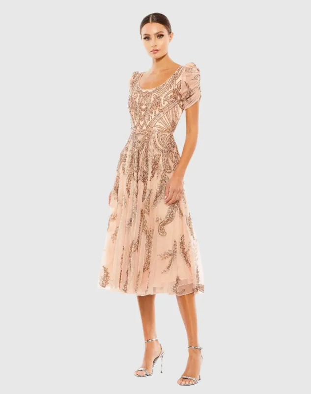 Short Sleeve Beaded A-line Tea Length Dress sold by Mac Duggal