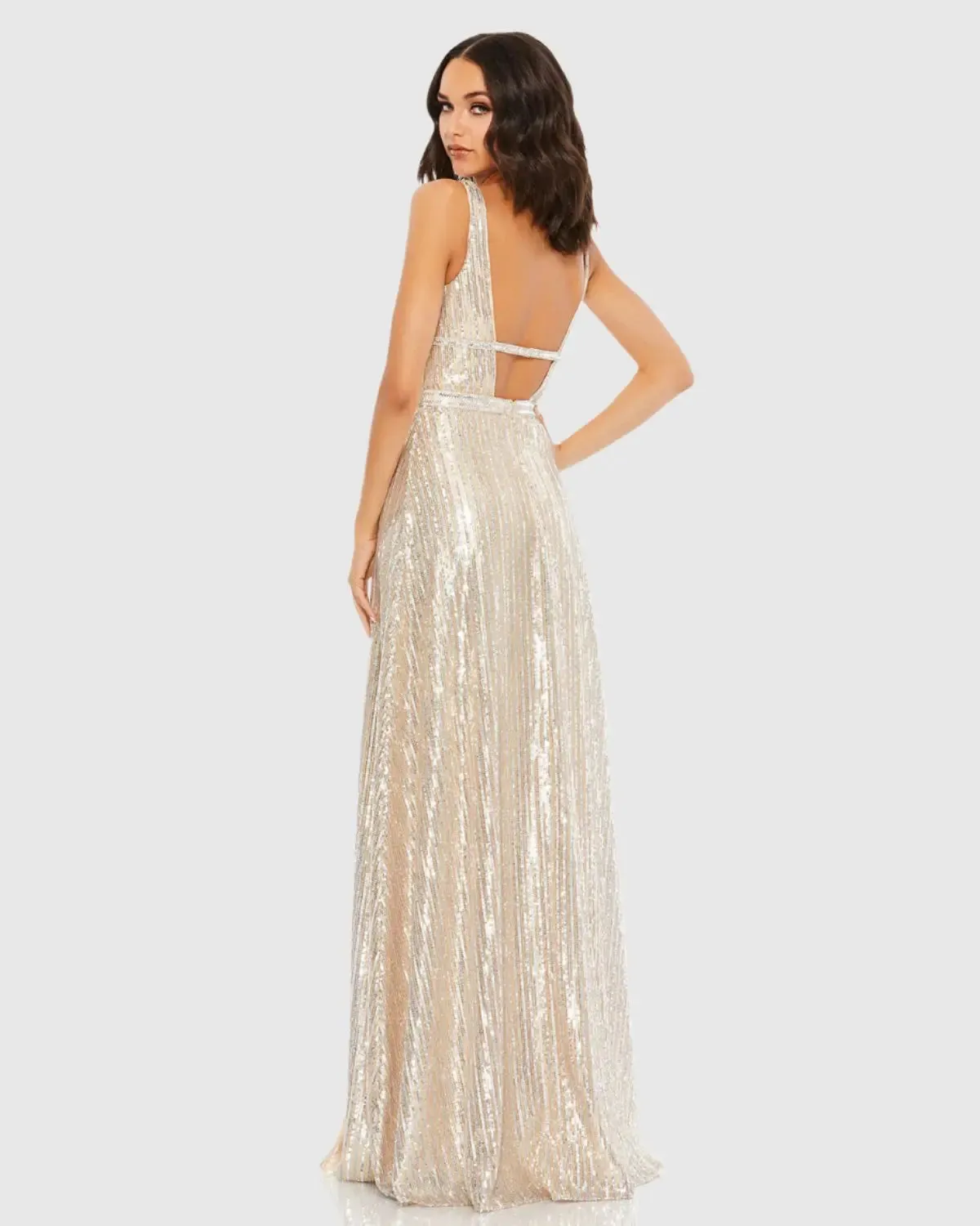 Silver Metallic Plunge Neck Sequined Gown sold by Mac Duggal product image thumbnail 3