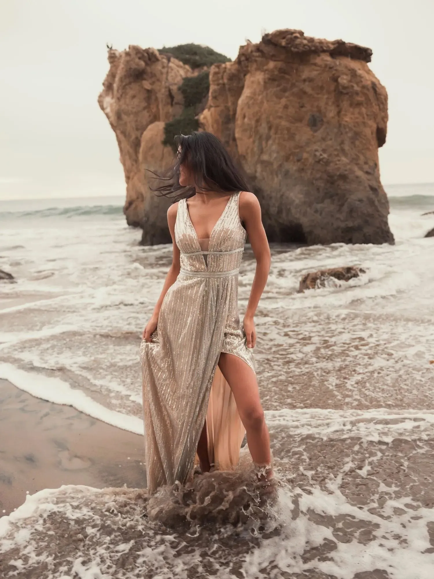 Silver Metallic Plunge Neck Sequined Gown sold by Mac Duggal product image thumbnail 5