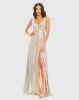 Silver Metallic Plunge Neck Sequined Gown sold by Mac Duggal