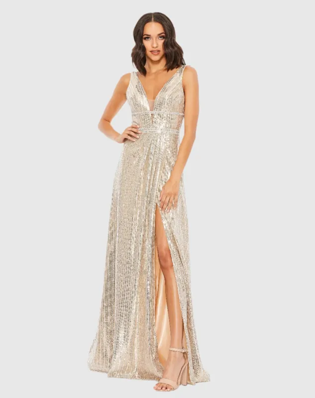 Silver Metallic Plunge Neck Sequined Gown sold by Mac Duggal