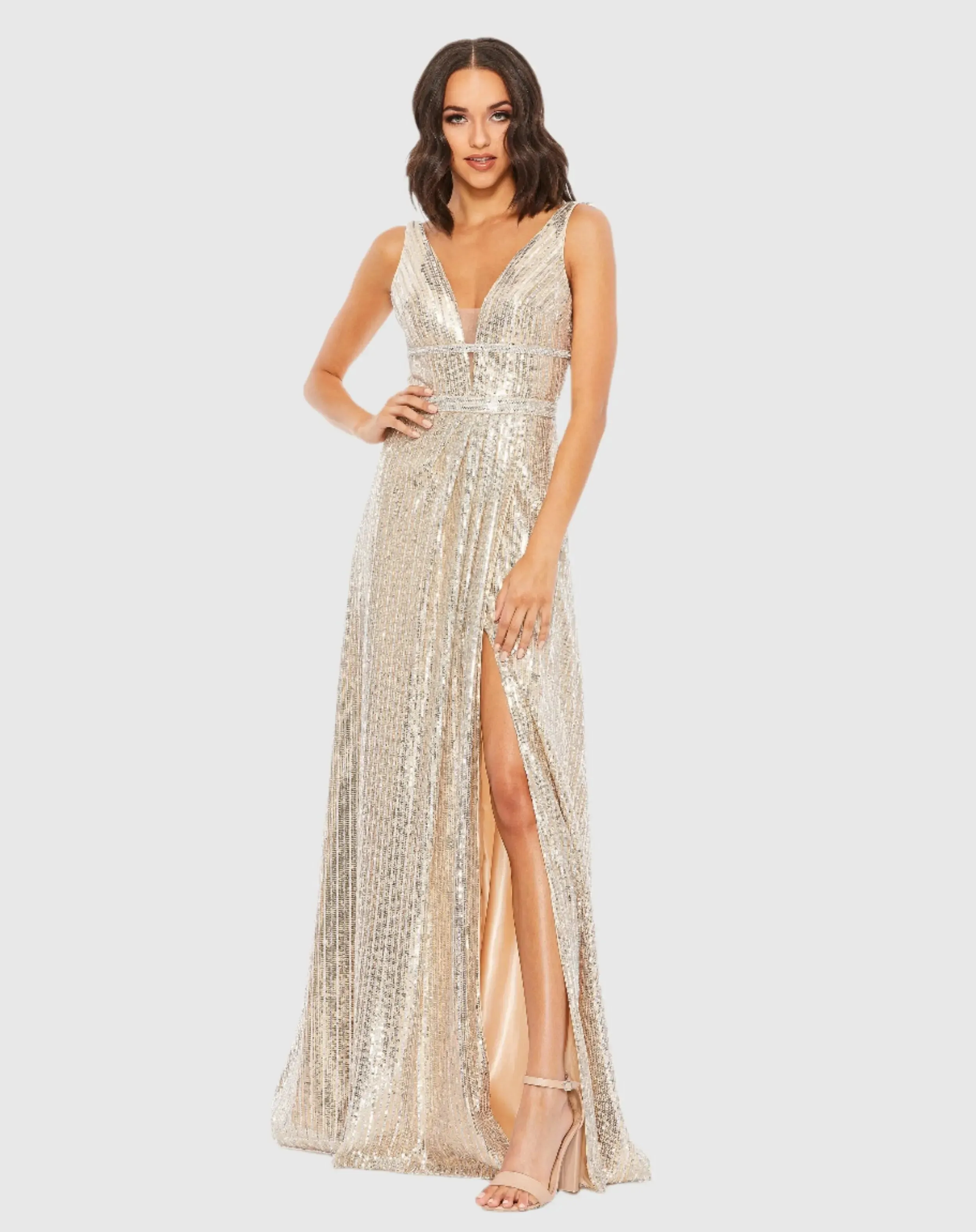 Silver Metallic Plunge Neck Sequined Gown sold by Mac Duggal