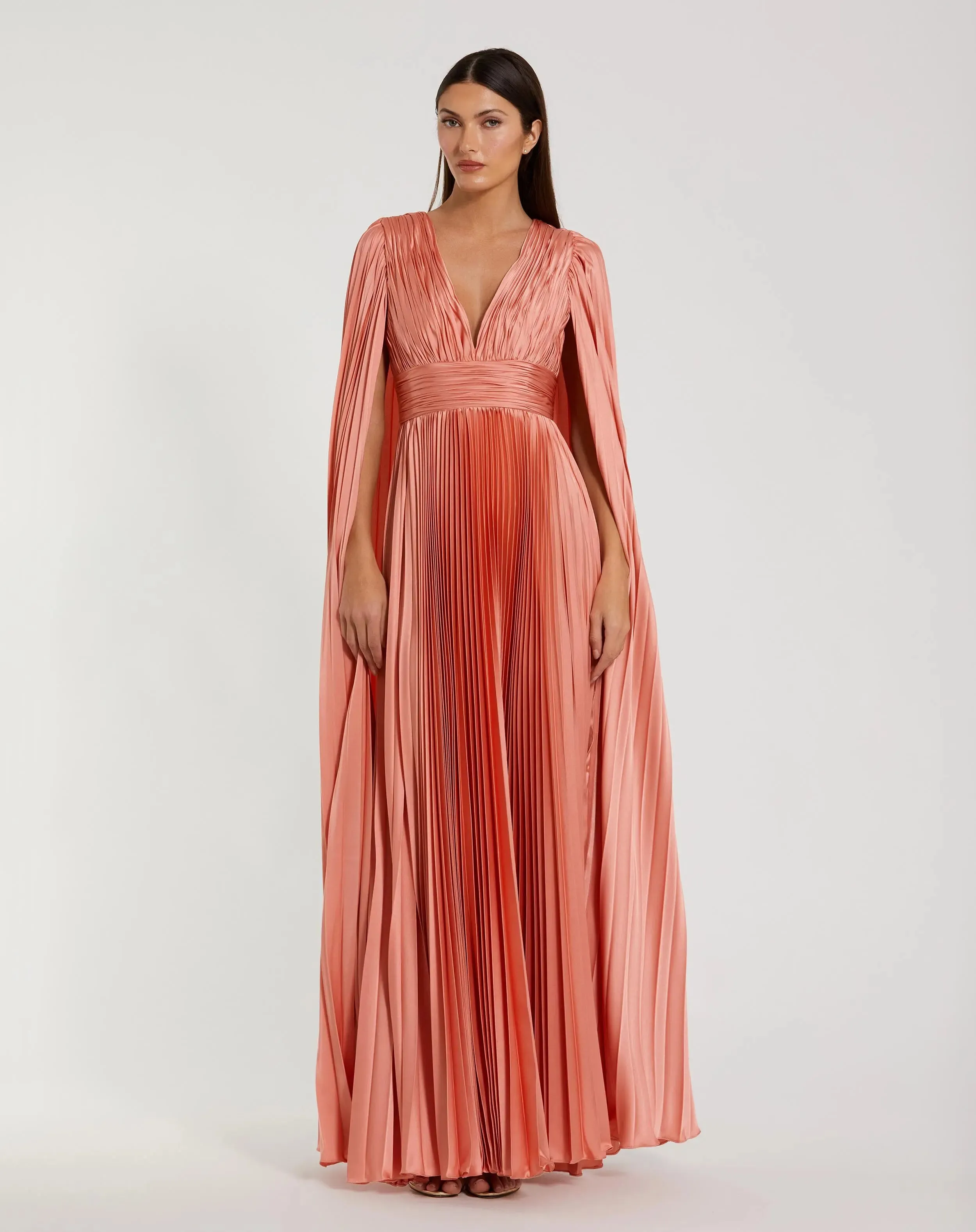 Pleated Charmeuse V Neck Gown With Cape sold by Mac Duggal