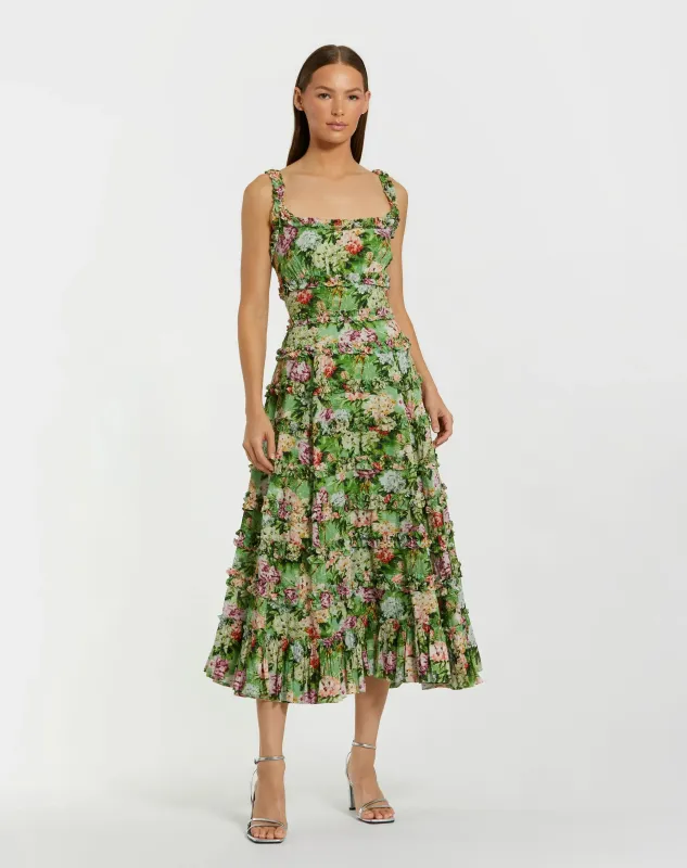 Green Ruffle Floral Square Neck Midi Dress sold by Mac Duggal