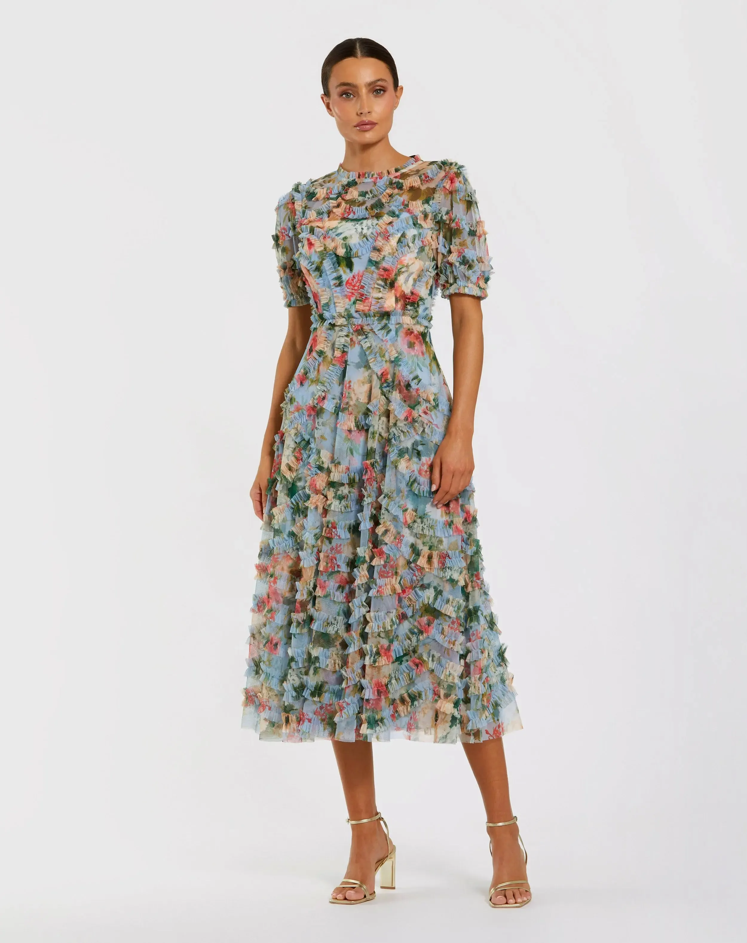 Blue Floral Mesh Ruffle High Neck Midi Dress sold by Mac Duggal