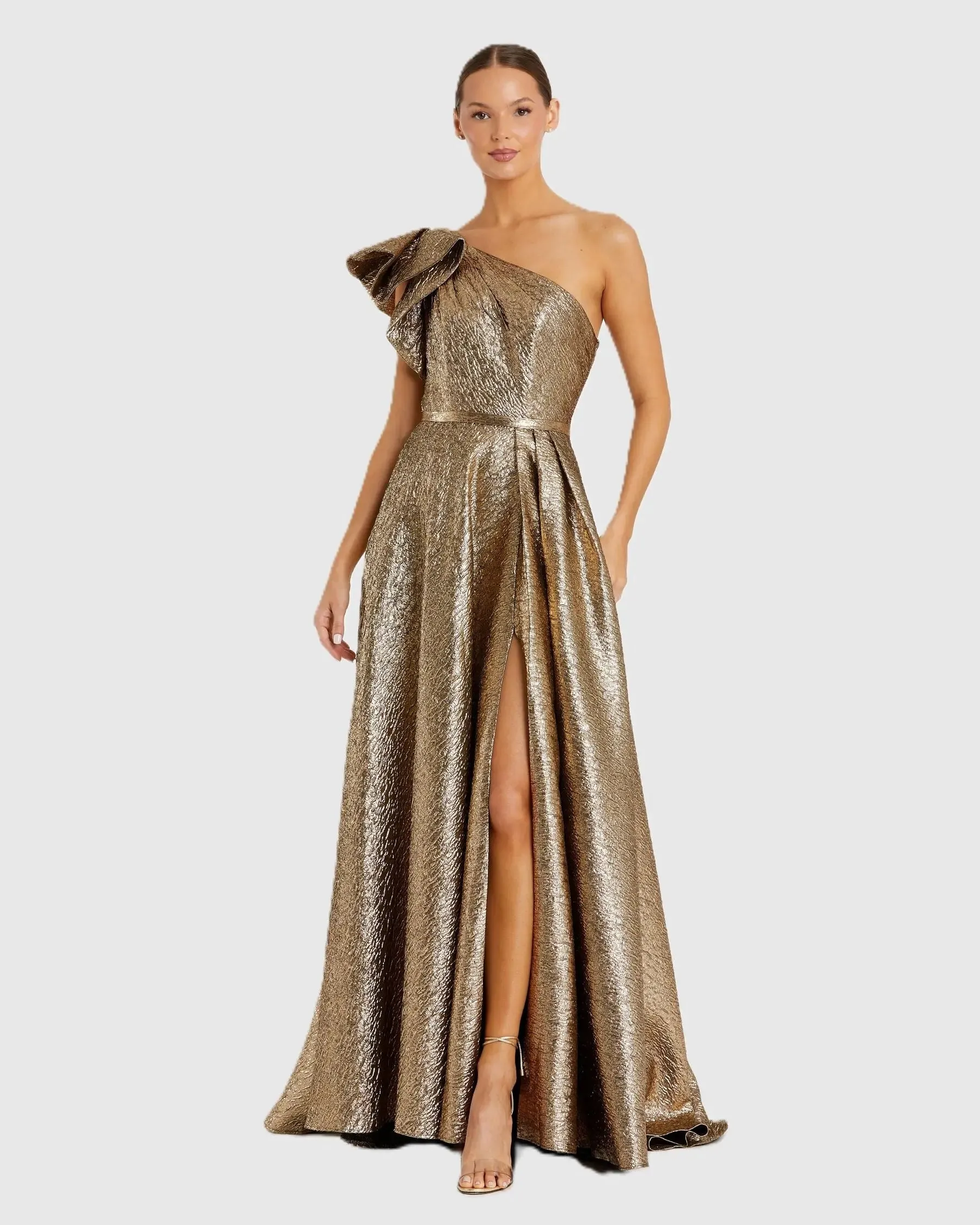 One Shoulder Metallic Ballgown sold by Mac Duggal