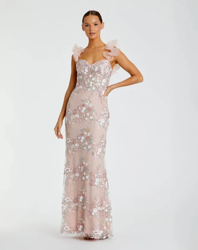 Pink Embroidered Lace Floral Gown with Ruffle Straps sold by Mac Duggal