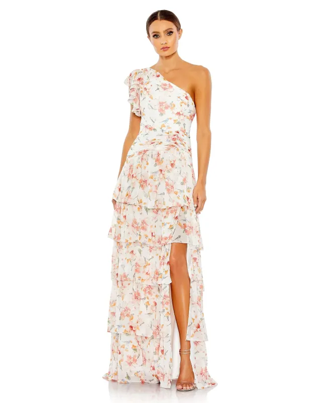 Floral Print Ruffle Tiered One Shoulder Gown sold by Mac Duggal